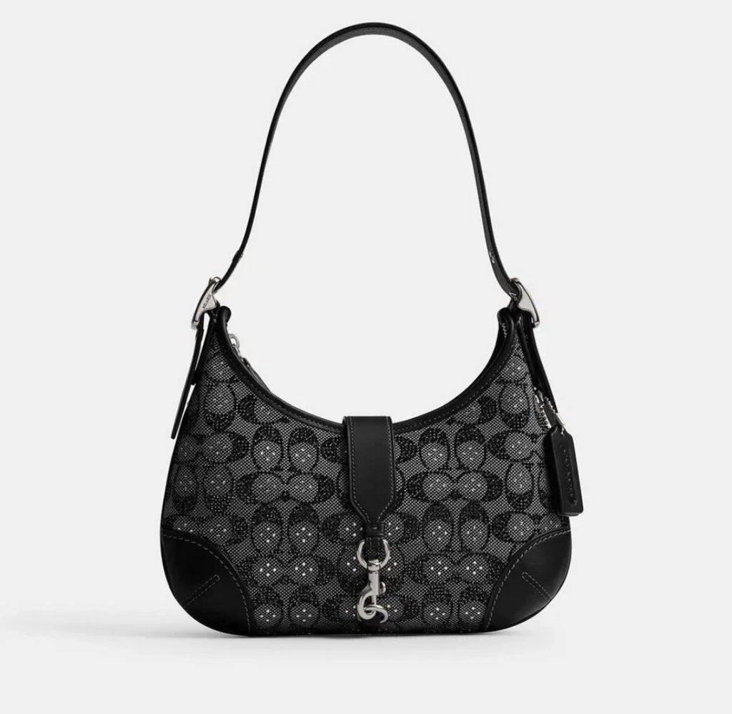 Coach Hamptons Hobo Bag Crystal Signature Jacquard Silver Black NEW
